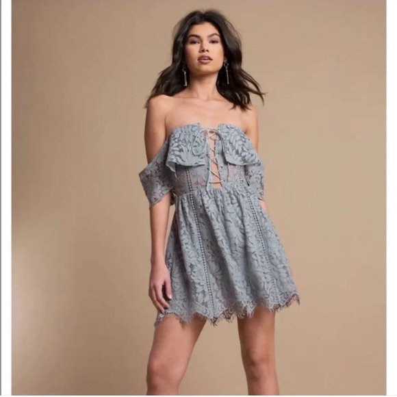 Tobi Lace Sheer Corset Front Off Shoulder Mini Dress M Blue - Picture 1 of 8